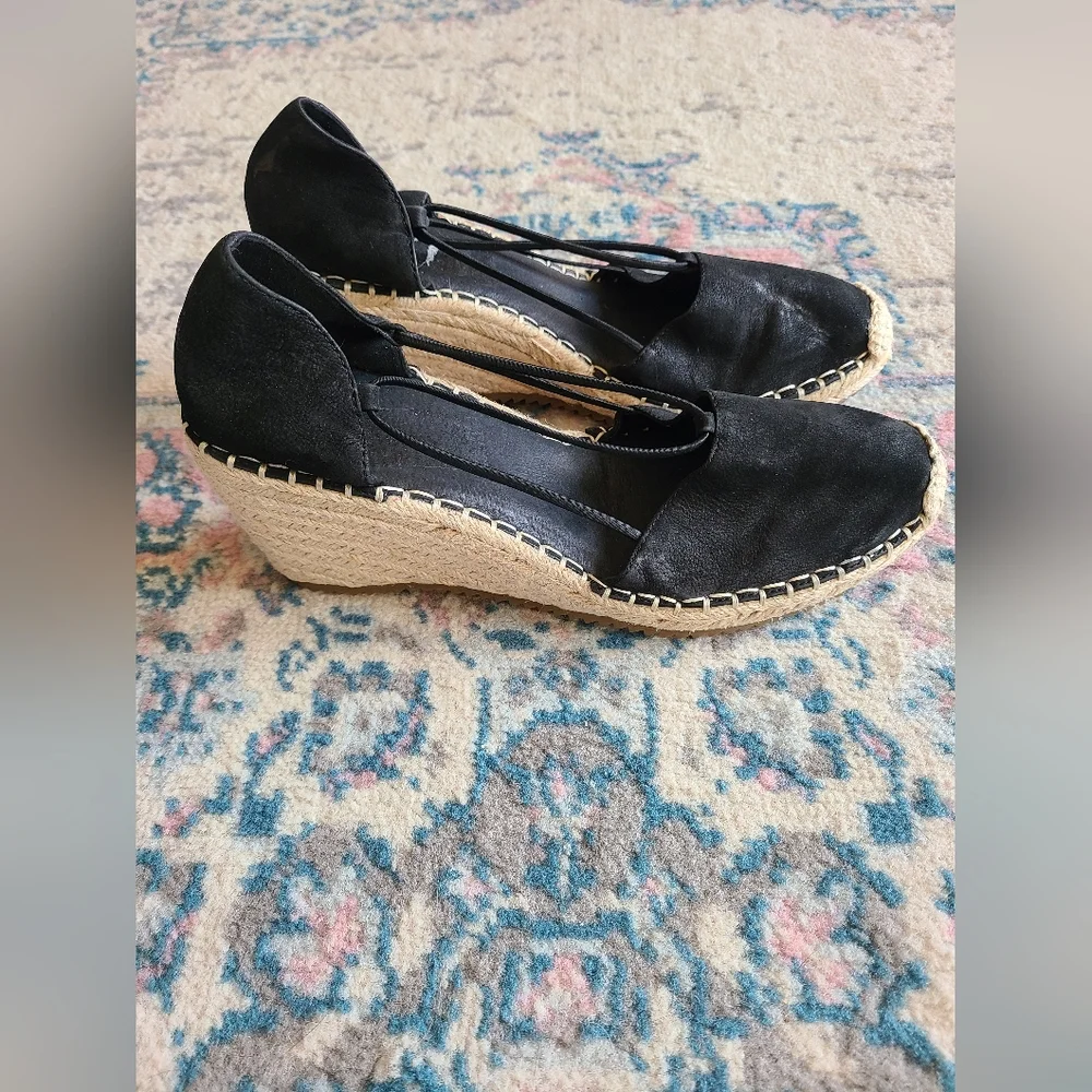 Eileen Fisher Yasmin Espadrille Wedge Shoes Women's 9 Black‎ Leather Strappy